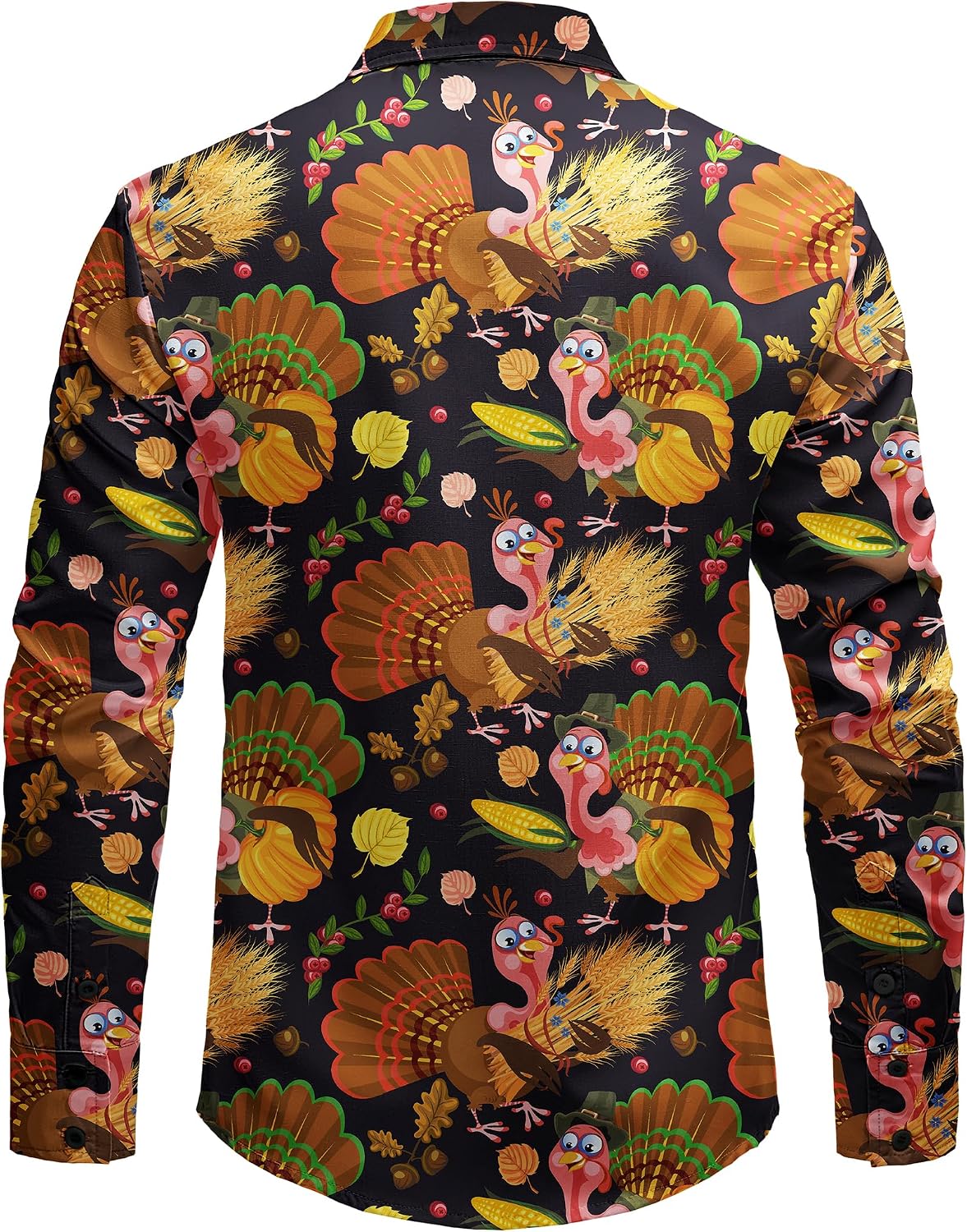 JOGAL A559 men's Christmas Thanksgiving Print Long-Sleeve Button-Down Shirt in Black, back view