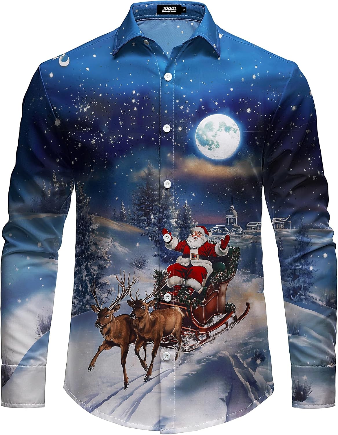 JOGAL A559 men's Christmas Thanksgiving Print Long-Sleeve Button-Down Shirt in Blue, front view