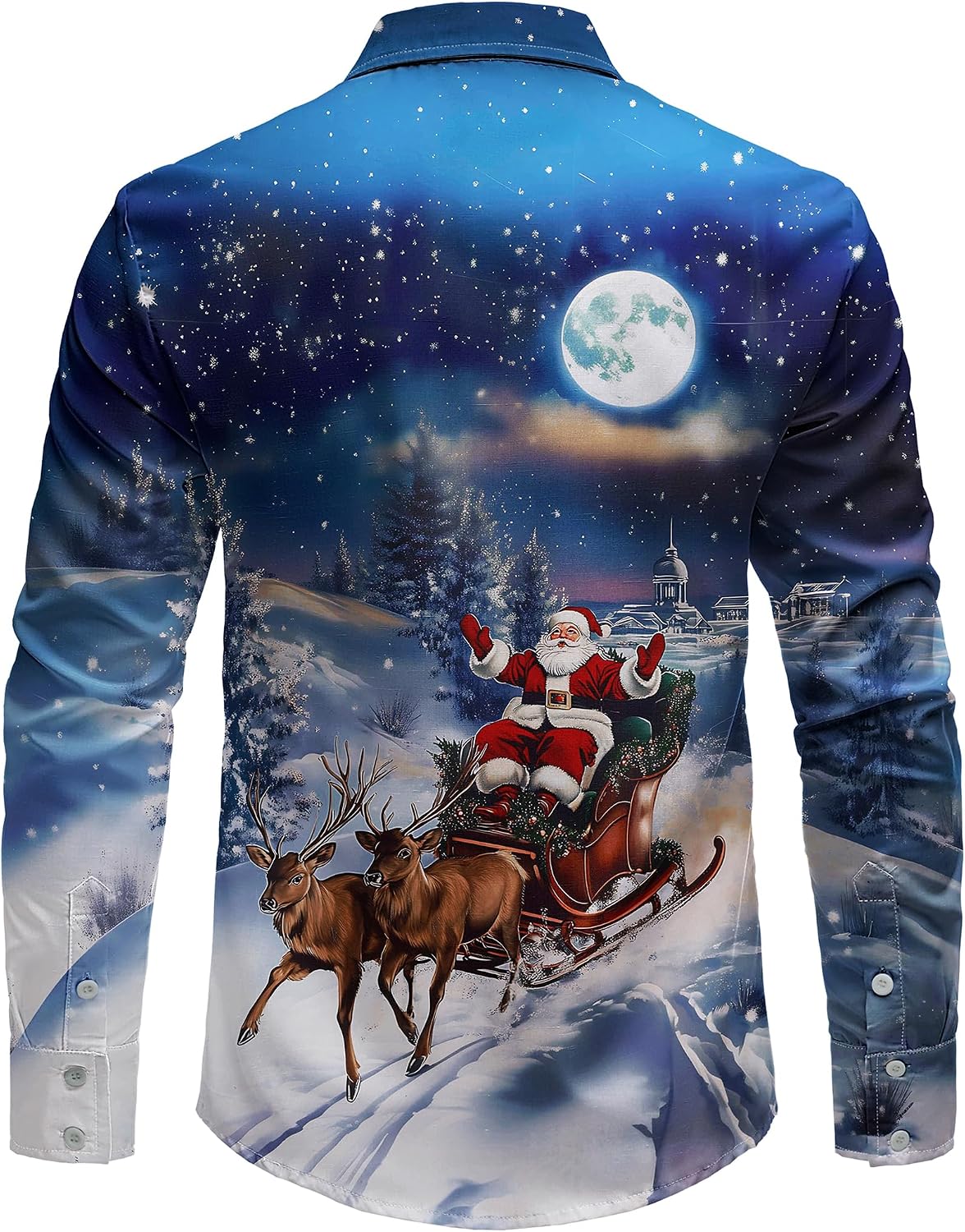 JOGAL A559 men's Christmas Thanksgiving Print Long-Sleeve Button-Down Shirt in Blue, back view