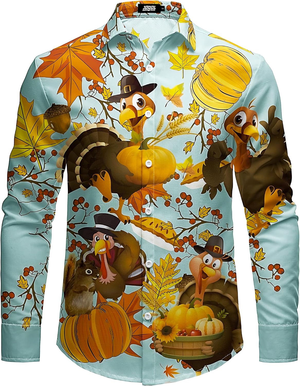 JOGAL A559 men's Christmas Thanksgiving Print Long-Sleeve Button-Down Shirt in Celeste, front view