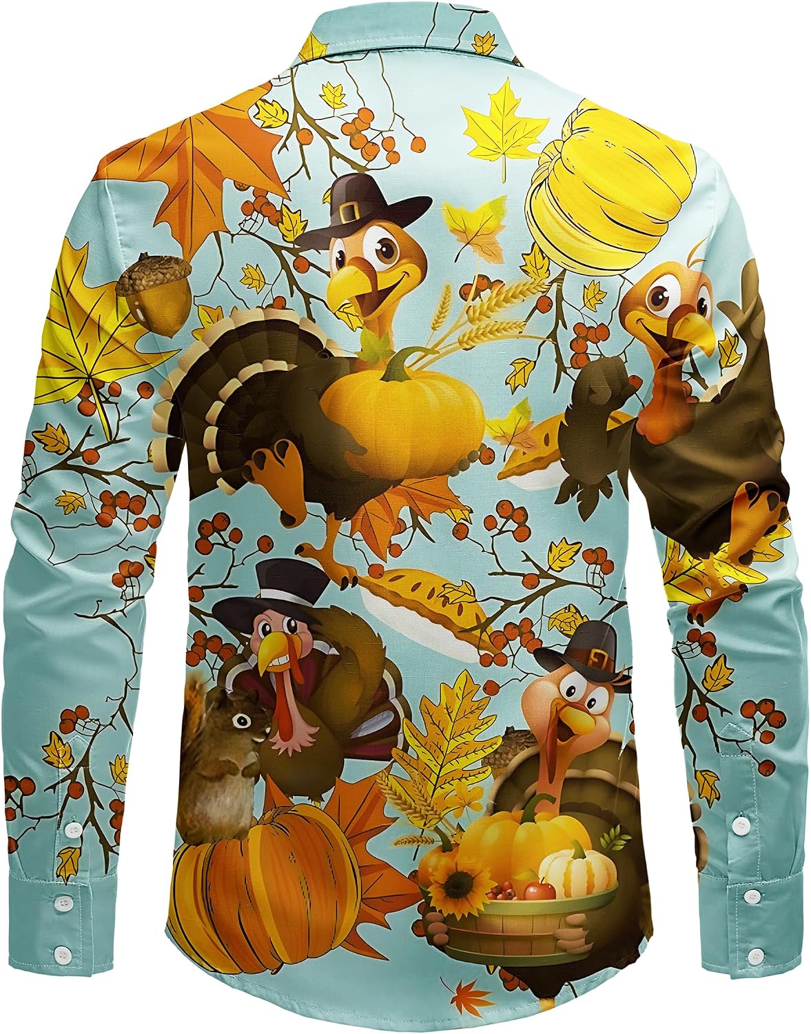 JOGAL A559 men's Christmas Thanksgiving Print Long-Sleeve Button-Down Shirt in Celeste, back view