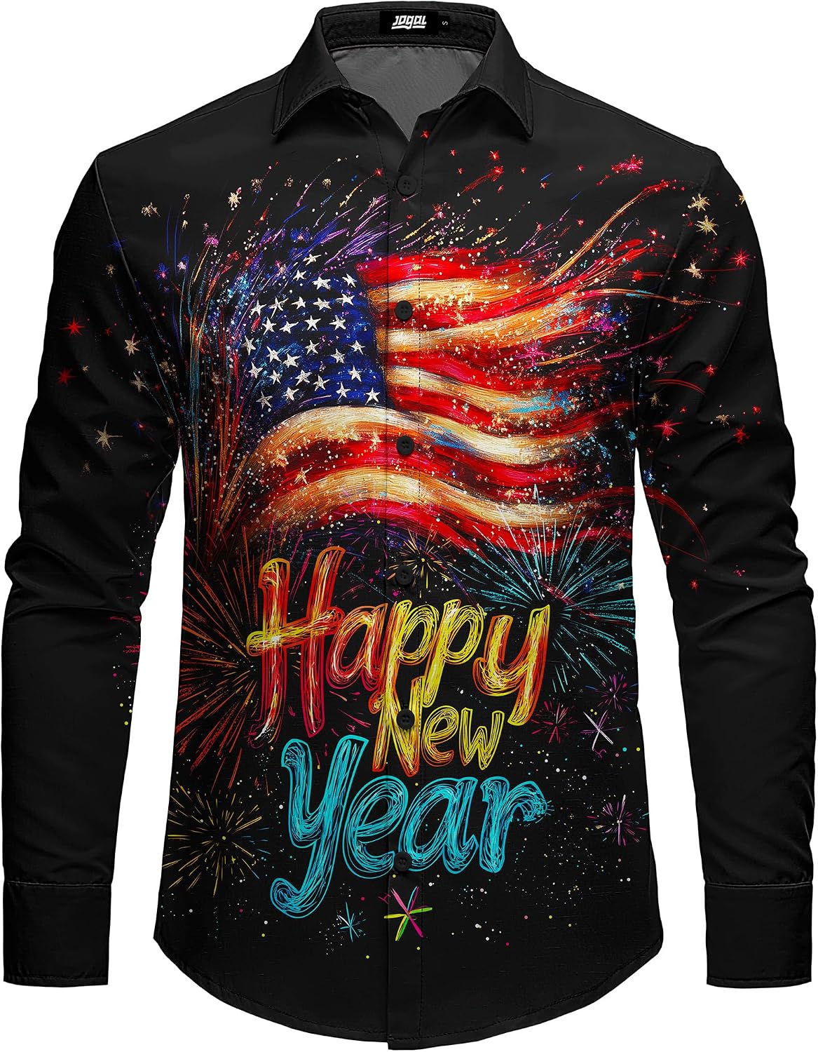 JOGAL A559 men's Christmas Thanksgiving Print Long-Sleeve Button-Down Shirt in Dull Black, front view