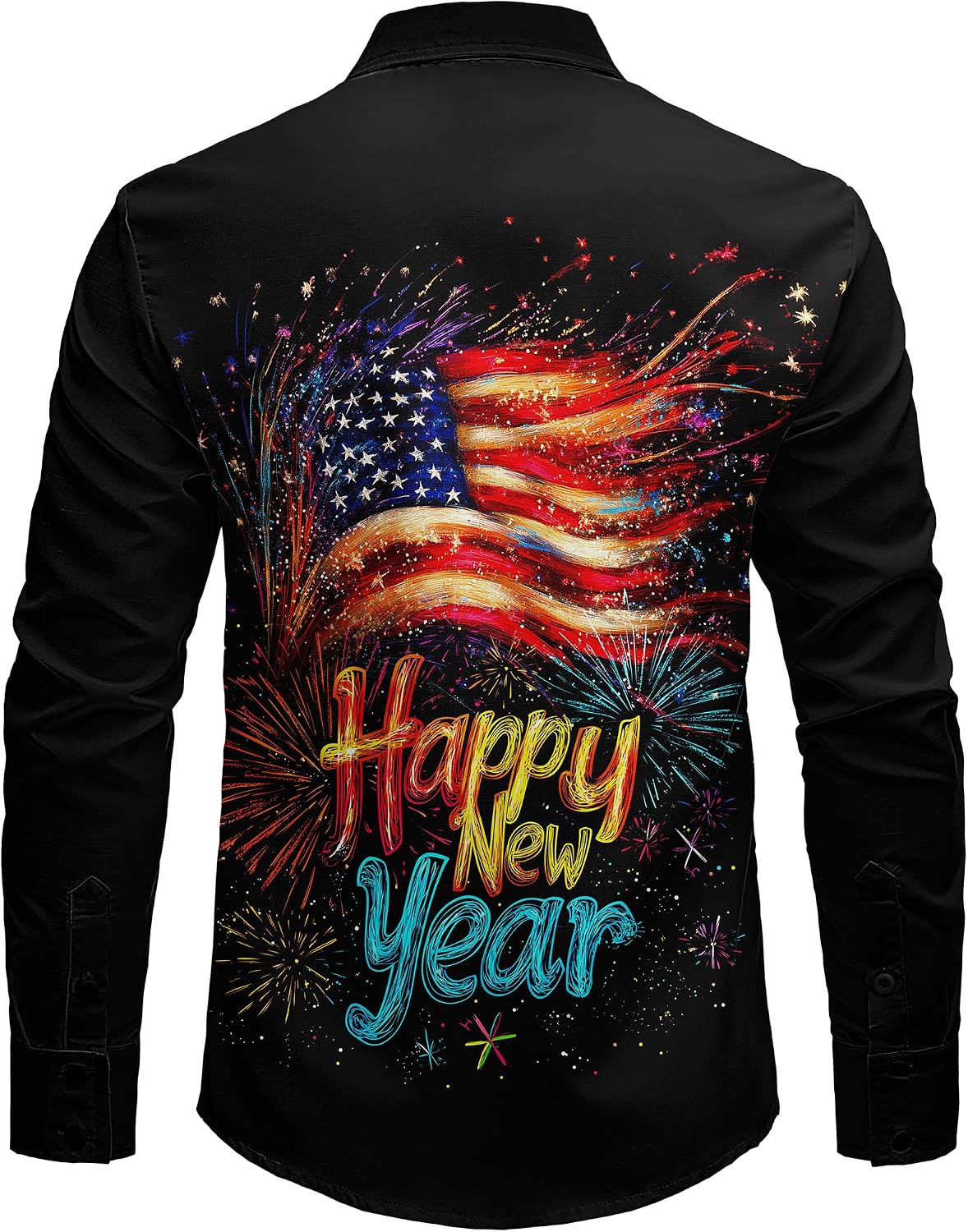 JOGAL A559 men's Christmas Thanksgiving Print Long-Sleeve Button-Down Shirt in Dull Black, back view