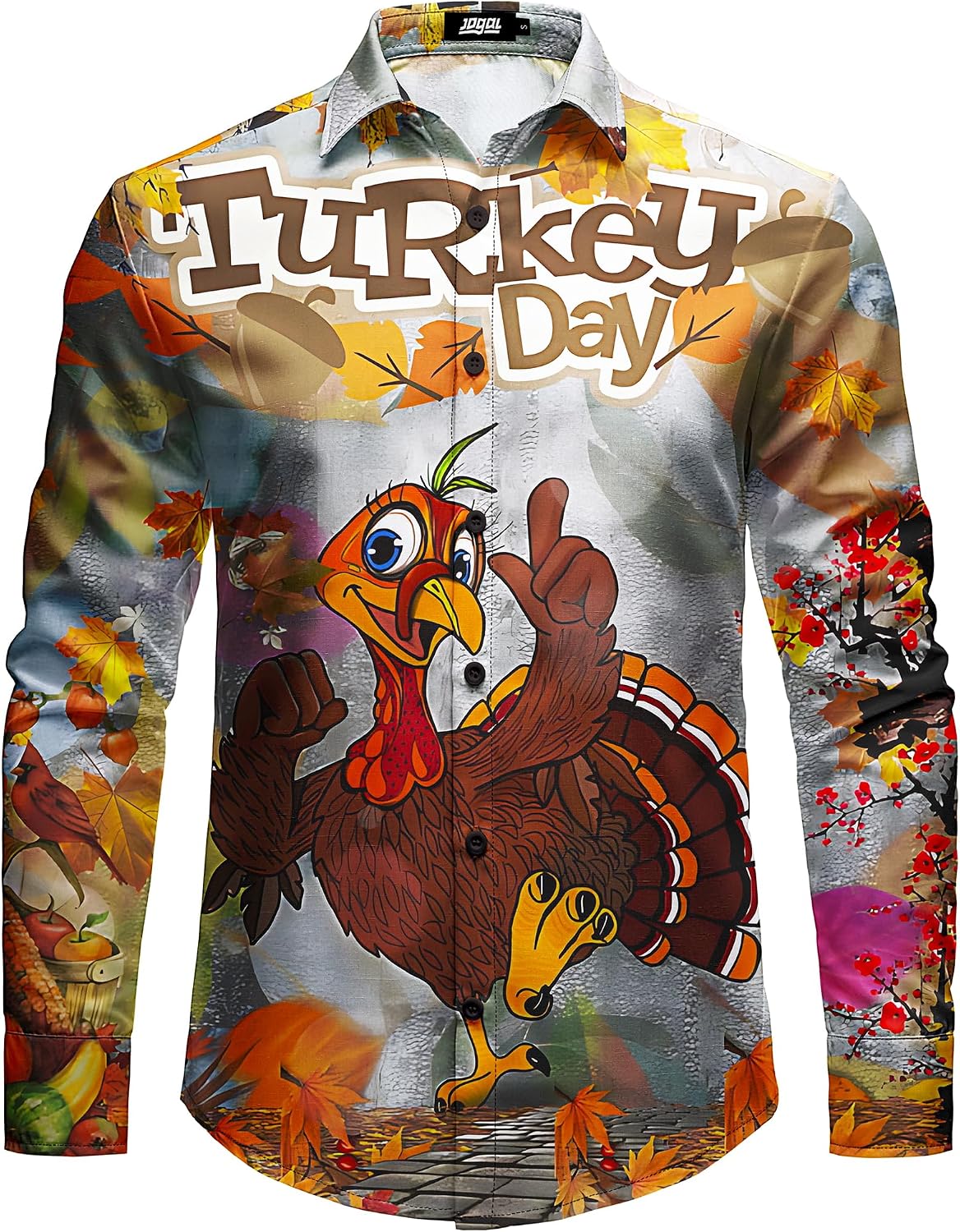 JOGAL A559 men's Christmas Thanksgiving Print Long-Sleeve Button-Down Shirt in Grey, front view