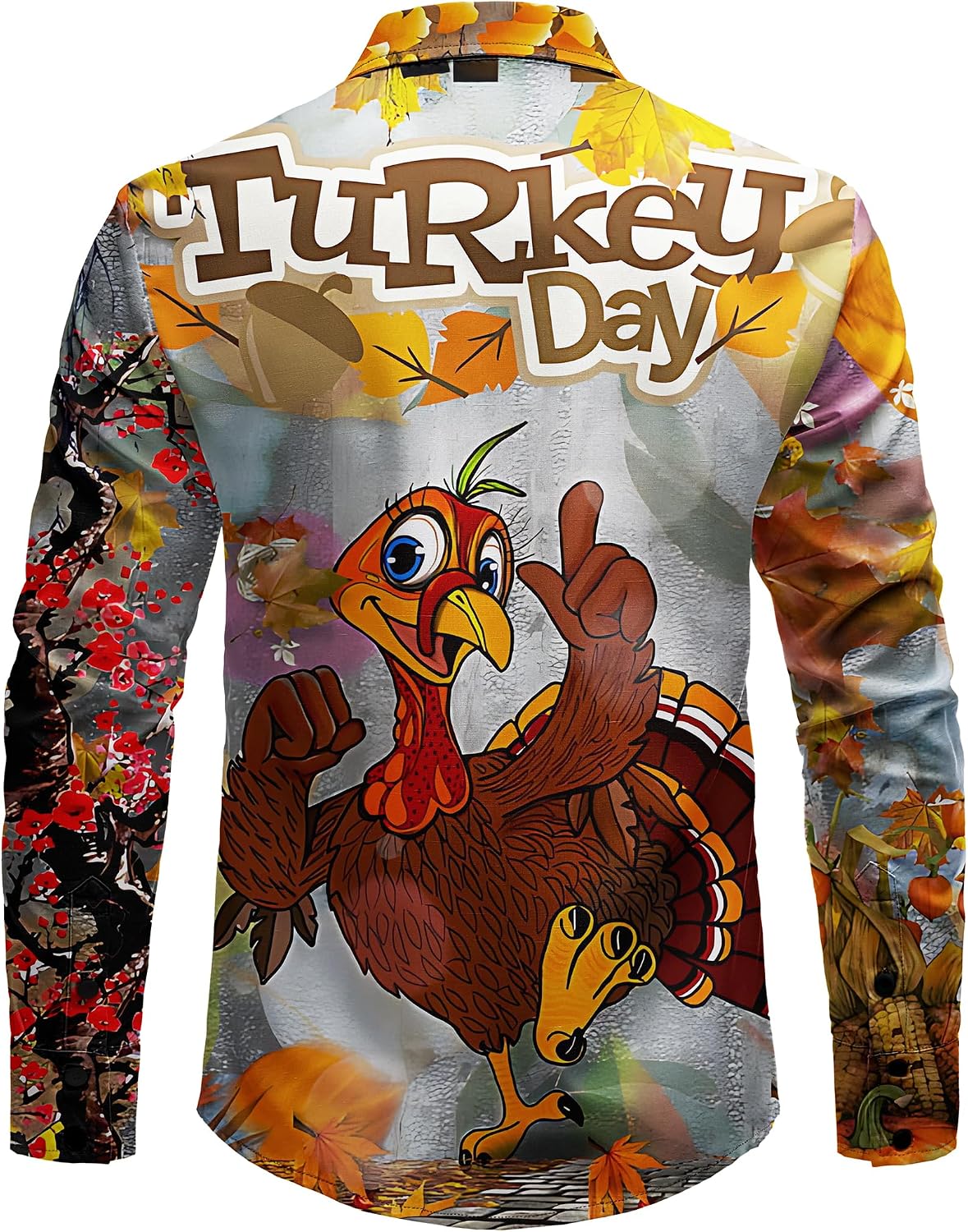 JOGAL A559 men's Christmas Thanksgiving Print Long-Sleeve Button-Down Shirt in Grey, back view