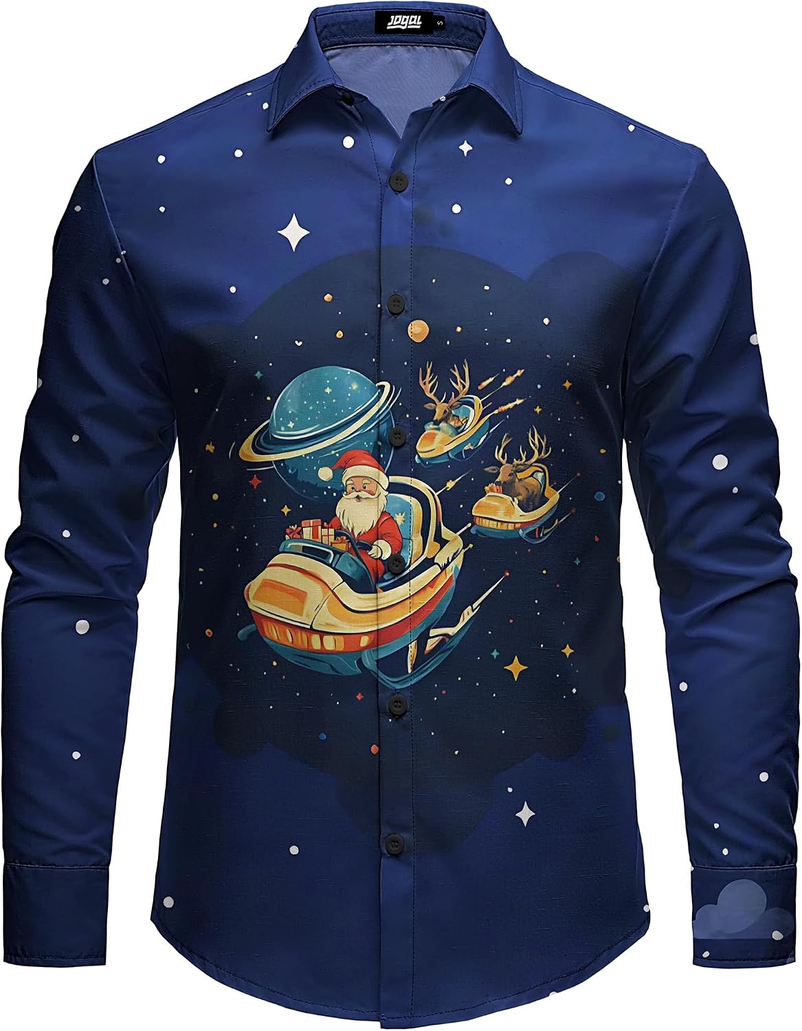 JOGAL A559 men's Christmas Thanksgiving Print Long-Sleeve Button-Down Shirt in Navy, front view