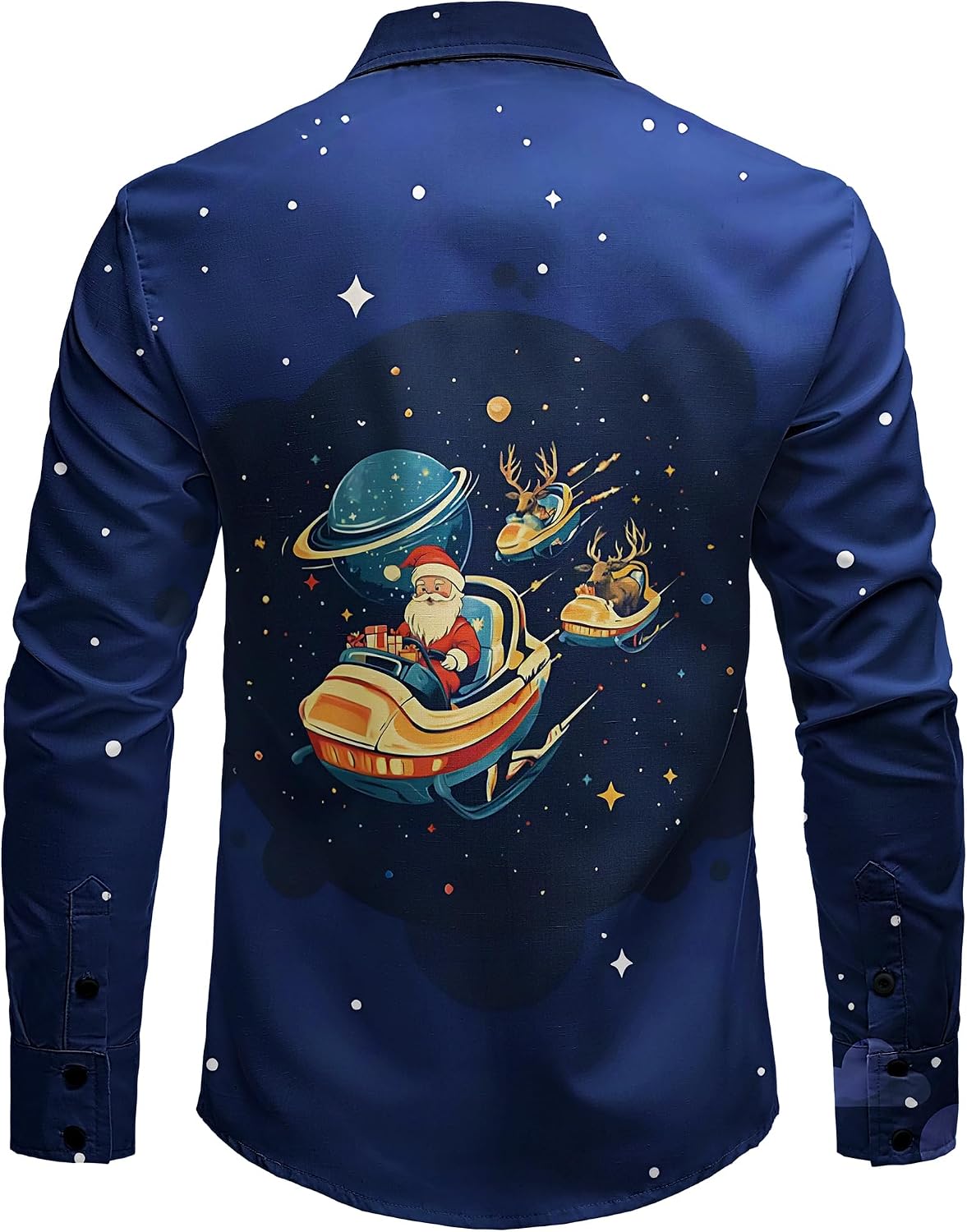 JOGAL A559 men's Christmas Thanksgiving Print Long-Sleeve Button-Down Shirt in Navy, back view