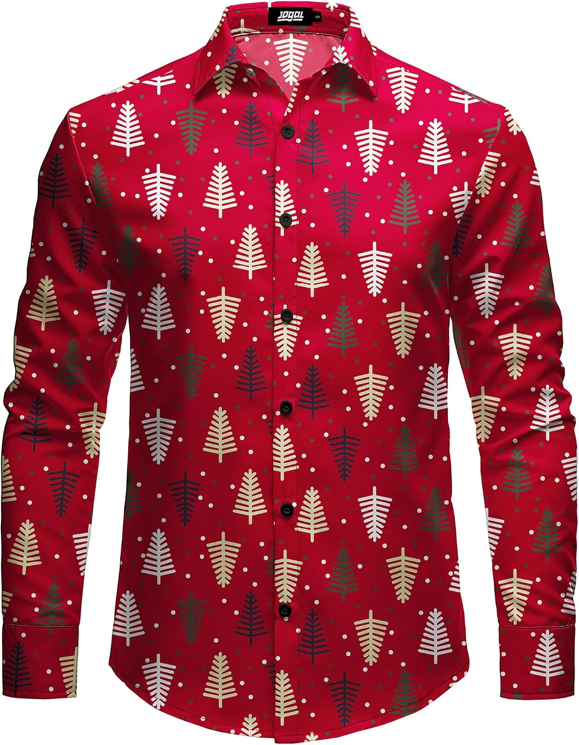 JOGAL A559 men's Christmas Thanksgiving Print Long-Sleeve Button-Down Shirt in Red, front view