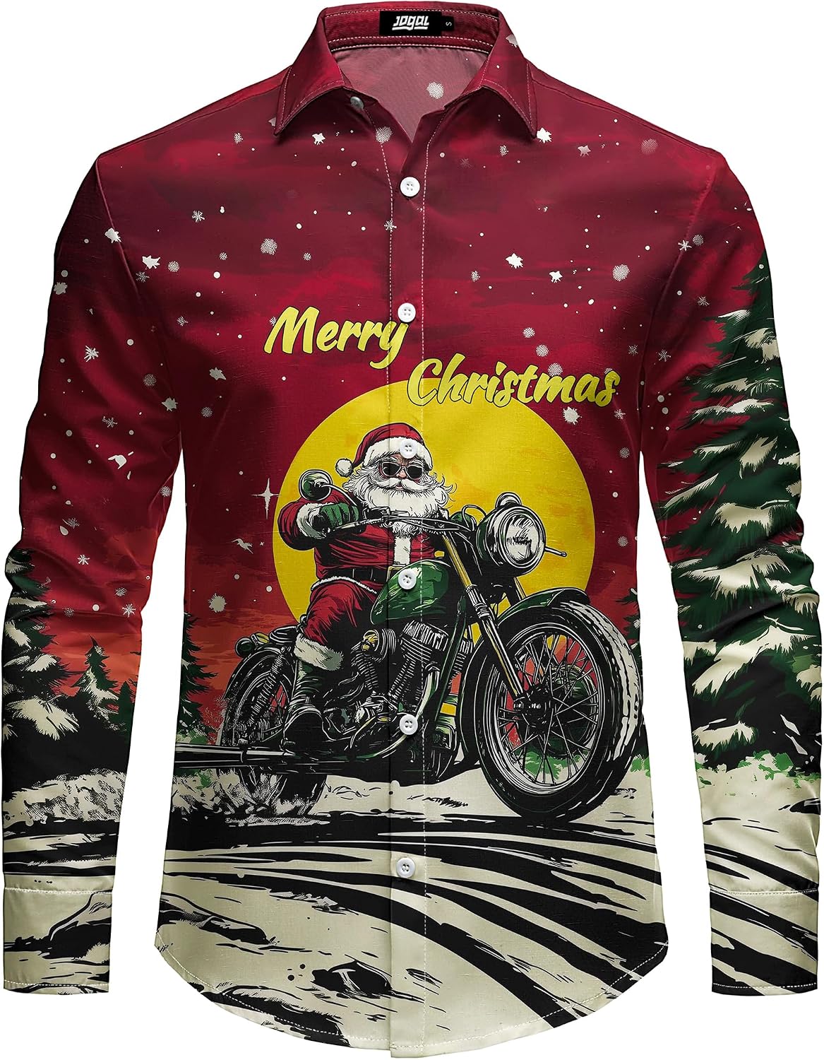 JOGAL A559 men's Christmas Thanksgiving Print Long-Sleeve Button-Down Shirt in Red Green, front view