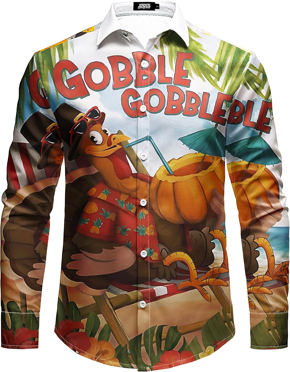 JOGAL A559 men's Christmas Thanksgiving Print Long-Sleeve Button-Down Shirt in Rust Red, front view