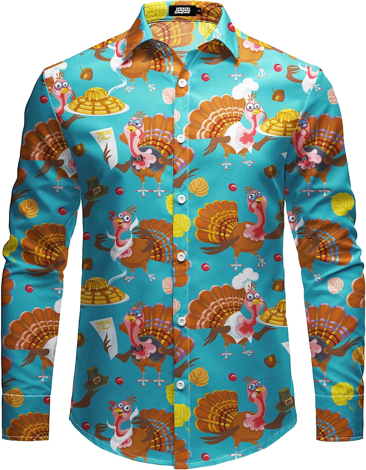 JOGAL A559 men's Christmas Thanksgiving Print Long-Sleeve Button-Down Shirt in Sky Blue, front view