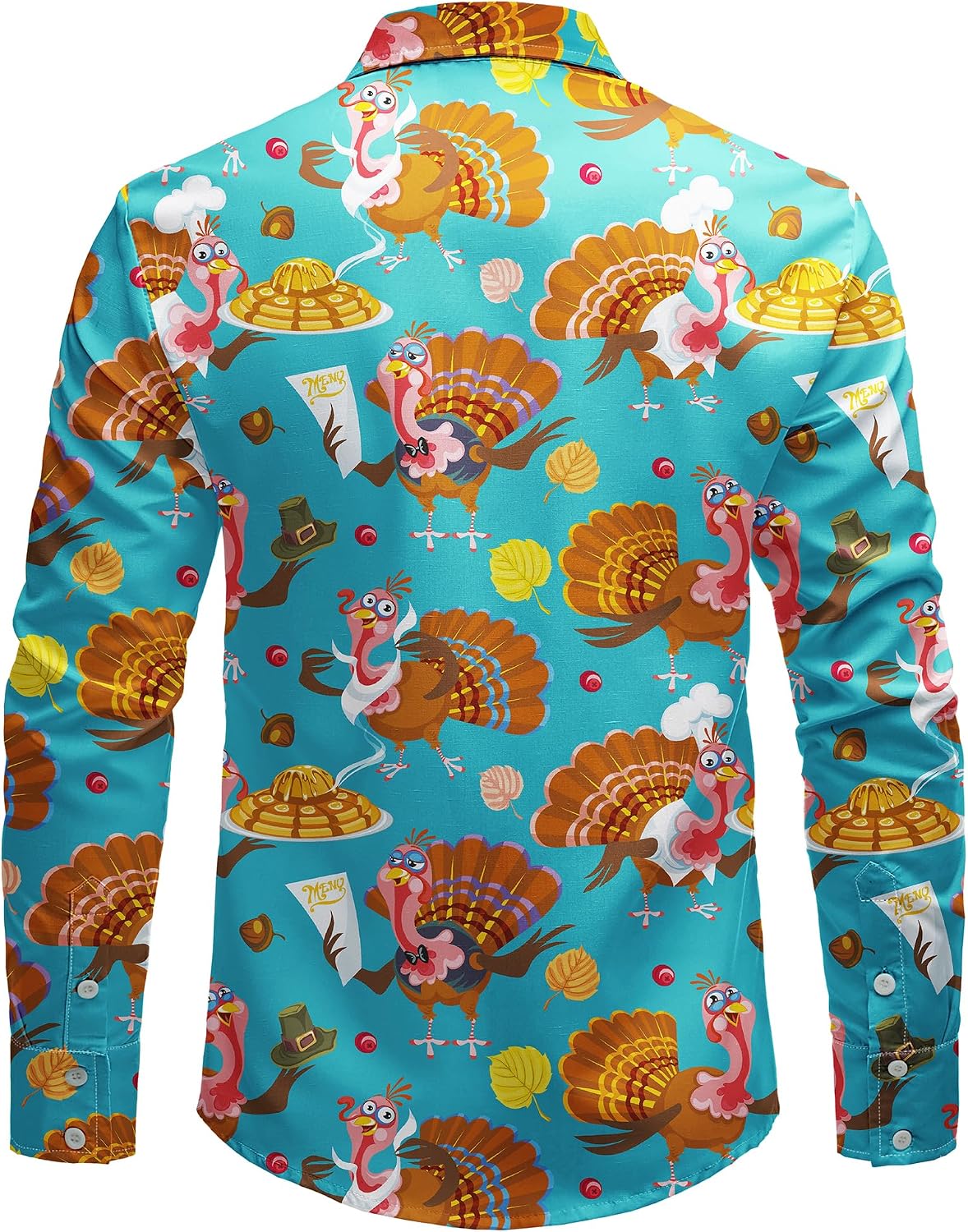 JOGAL A559 men's Christmas Thanksgiving Print Long-Sleeve Button-Down Shirt in Sky Blue, back view