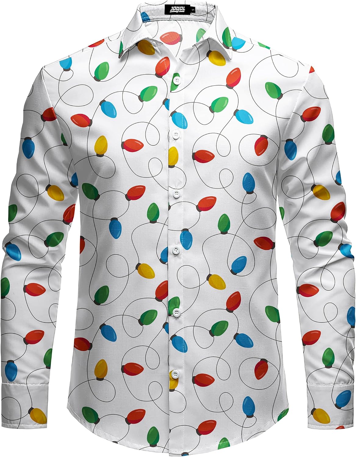 JOGAL A559 men's Christmas Thanksgiving Print Long-Sleeve Button-Down Shirt in White, front view