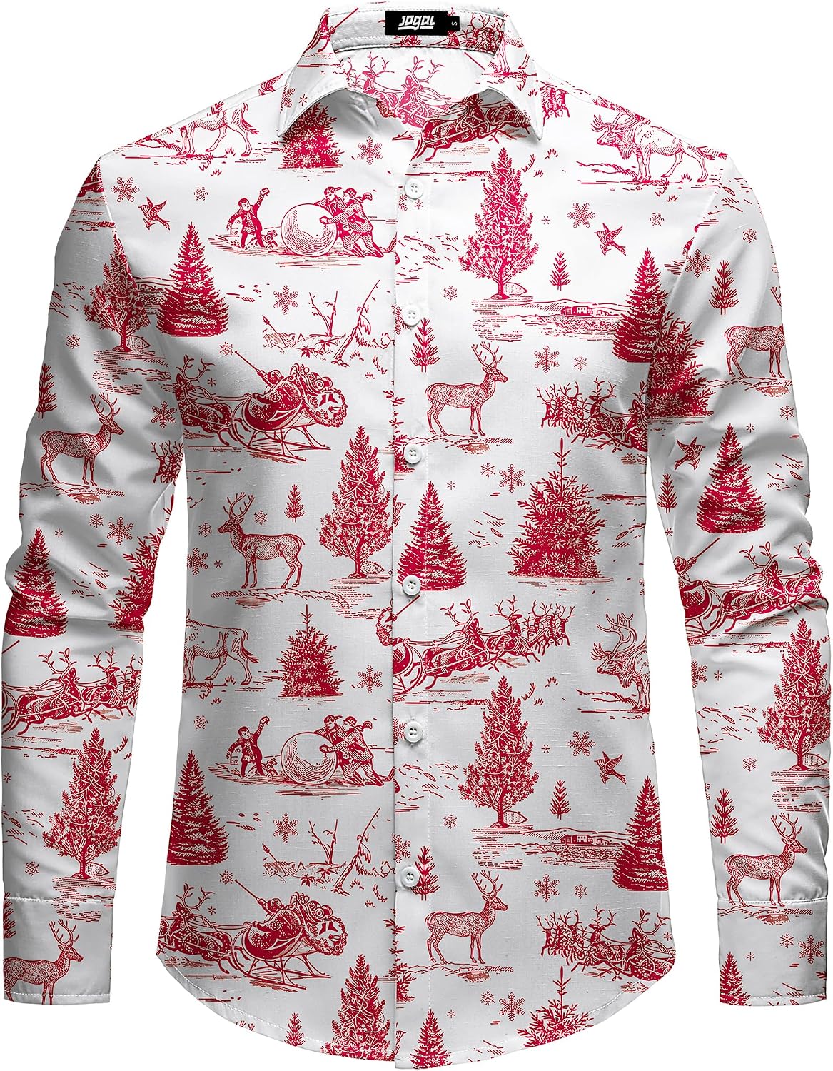 JOGAL A559 men's Christmas Thanksgiving Print Long-Sleeve Button-Down Shirt in White Red, front view