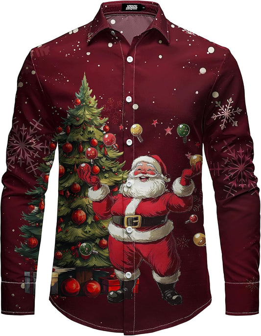 JOGAL A559 men's Christmas Thanksgiving Print Long-Sleeve Button-Down Shirt in Winered, front view