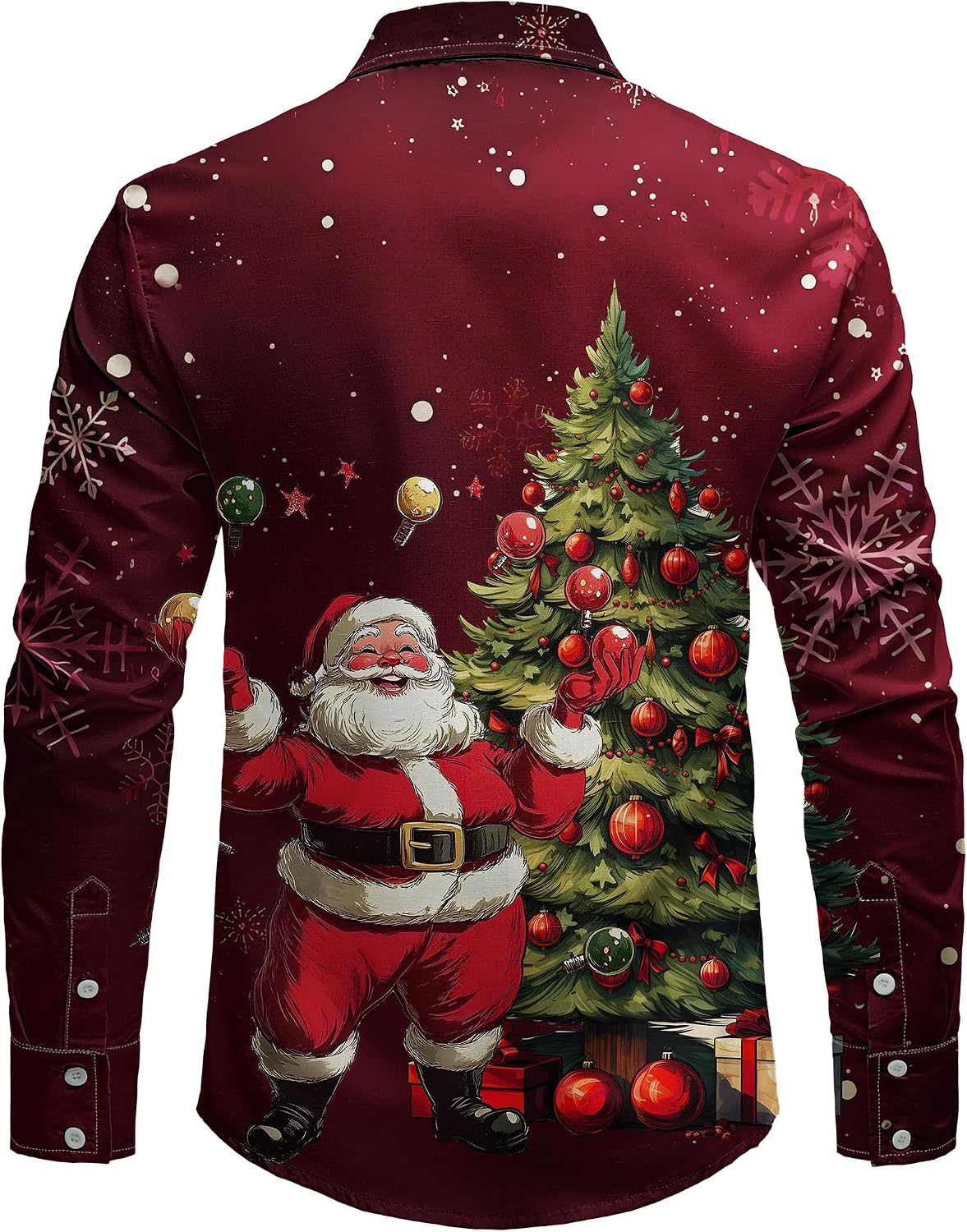 JOGAL A559 men's Christmas Thanksgiving Print Long-Sleeve Button-Down Shirt in Winered, back view