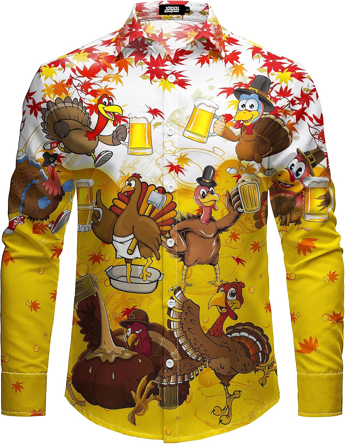 JOGAL A559 men's Christmas Thanksgiving Print Long-Sleeve Button-Down Shirt in Yellow, front view