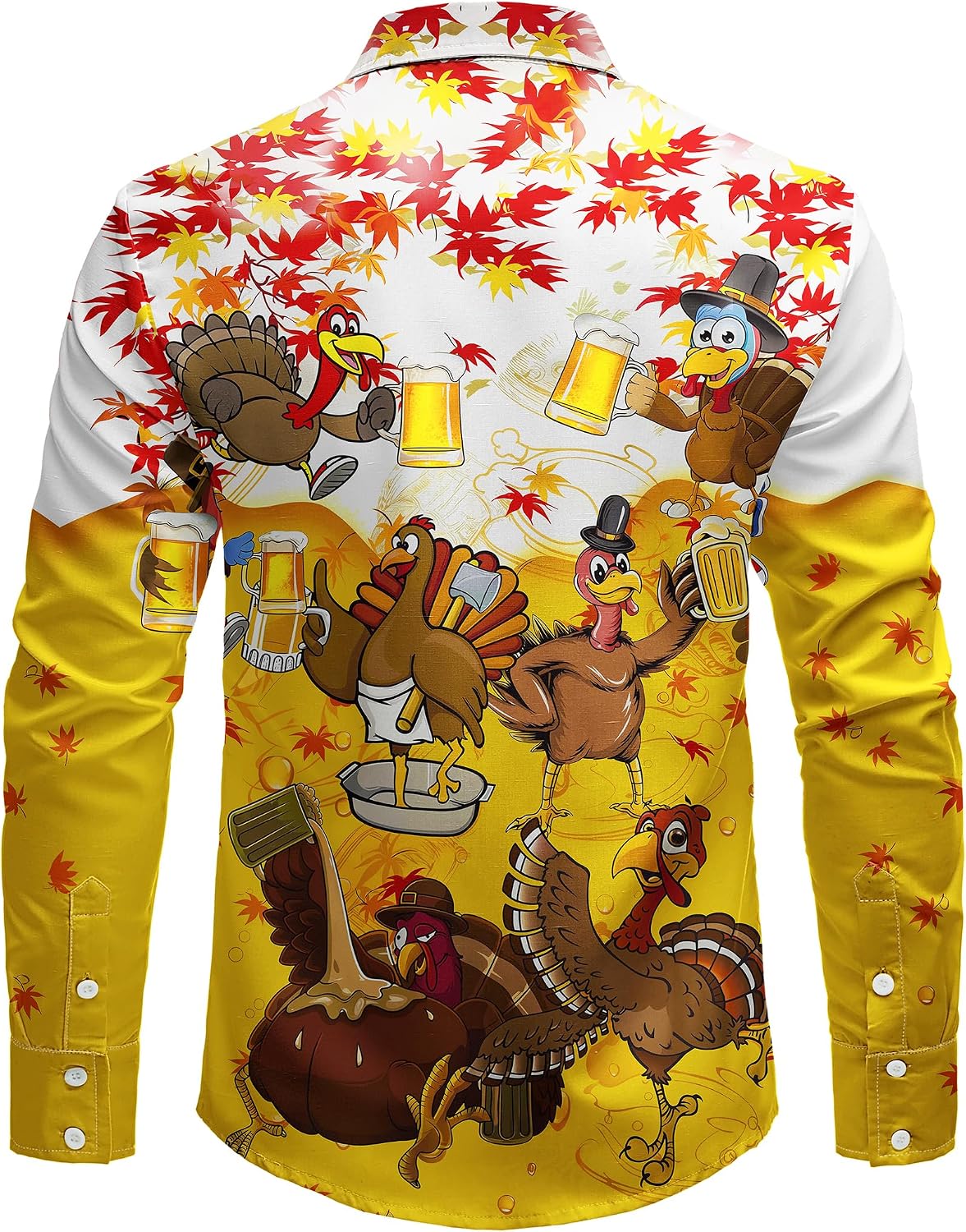 JOGAL A559 men's Christmas Thanksgiving Print Long-Sleeve Button-Down Shirt in Yellow, back view
