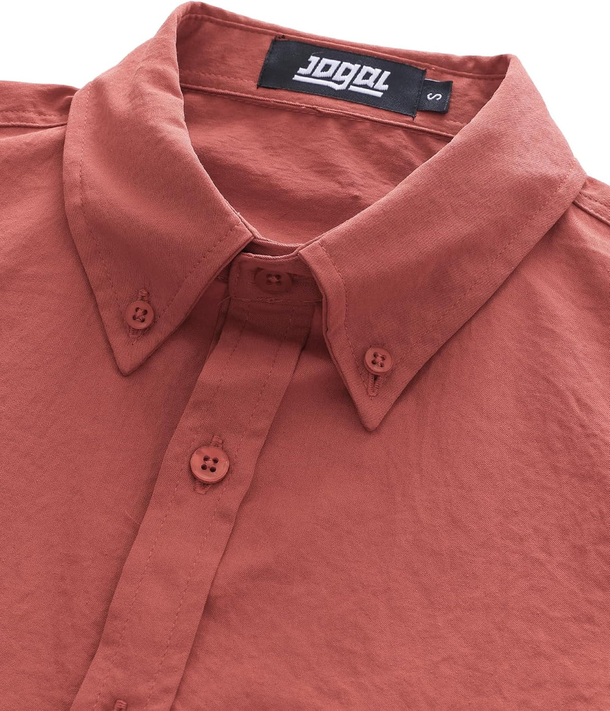 JOGAL Men's Short-Sleeve Work Shirt with Flap Pockets - Brick Red - detail collar placket