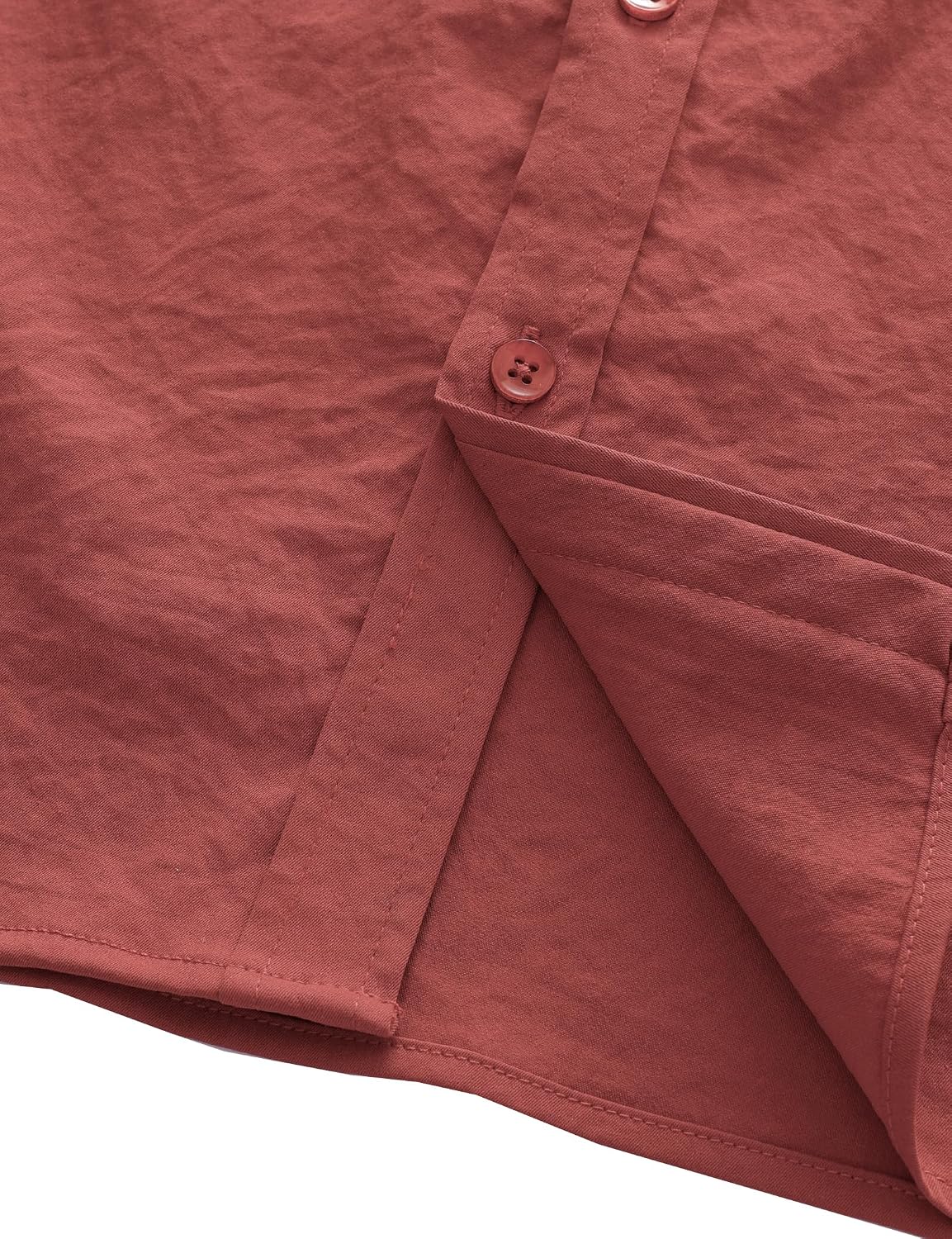 JOGAL Men's Short-Sleeve Work Shirt with Flap Pockets - Brick Red - detail hem placket
