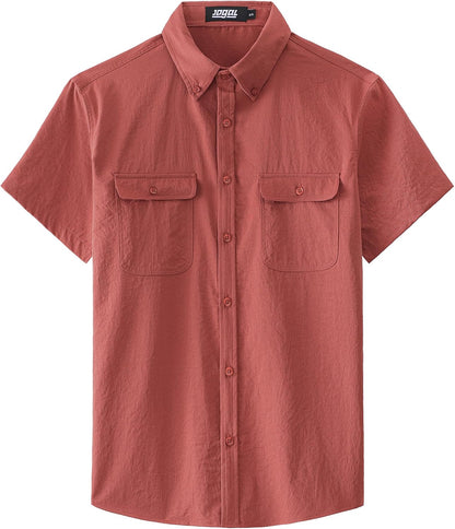 JOGAL Men's Short-Sleeve Work Shirt with Flap Pockets - Brick Red - front