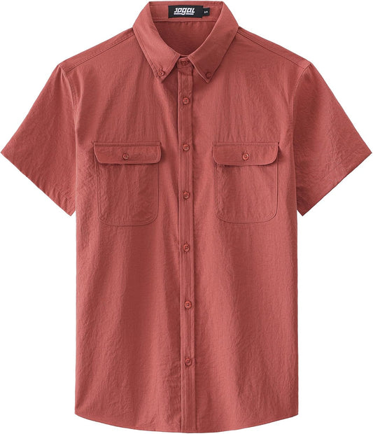 JOGAL Men's Short-Sleeve Work Shirt with Flap Pockets - Brick Red - front