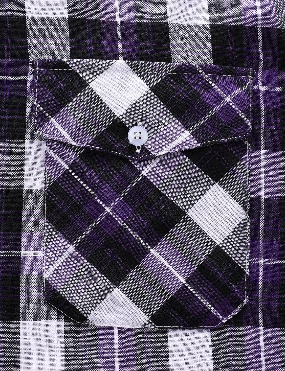 JOGAL A567 Men's Western Plaid Short-Sleeve Shirt - Dark Purple - buttoned chest pocket detail