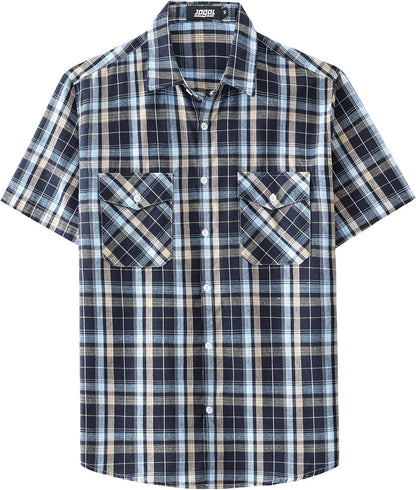 JOGAL A567 Men's Western Plaid Short-Sleeve Shirt - Navy - front