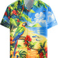 JOGAL A571 men's Tropical 3D Print Hawaiian Short-Sleeve Button-Down Shirt in Blue Green, front view