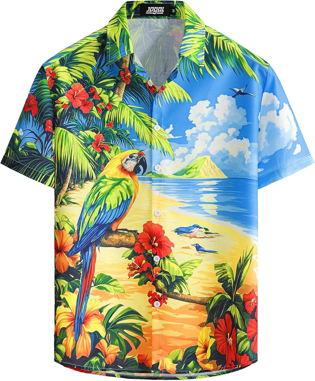 JOGAL A571 men's Tropical 3D Print Hawaiian Short-Sleeve Button-Down Shirt in Blue Green, front view