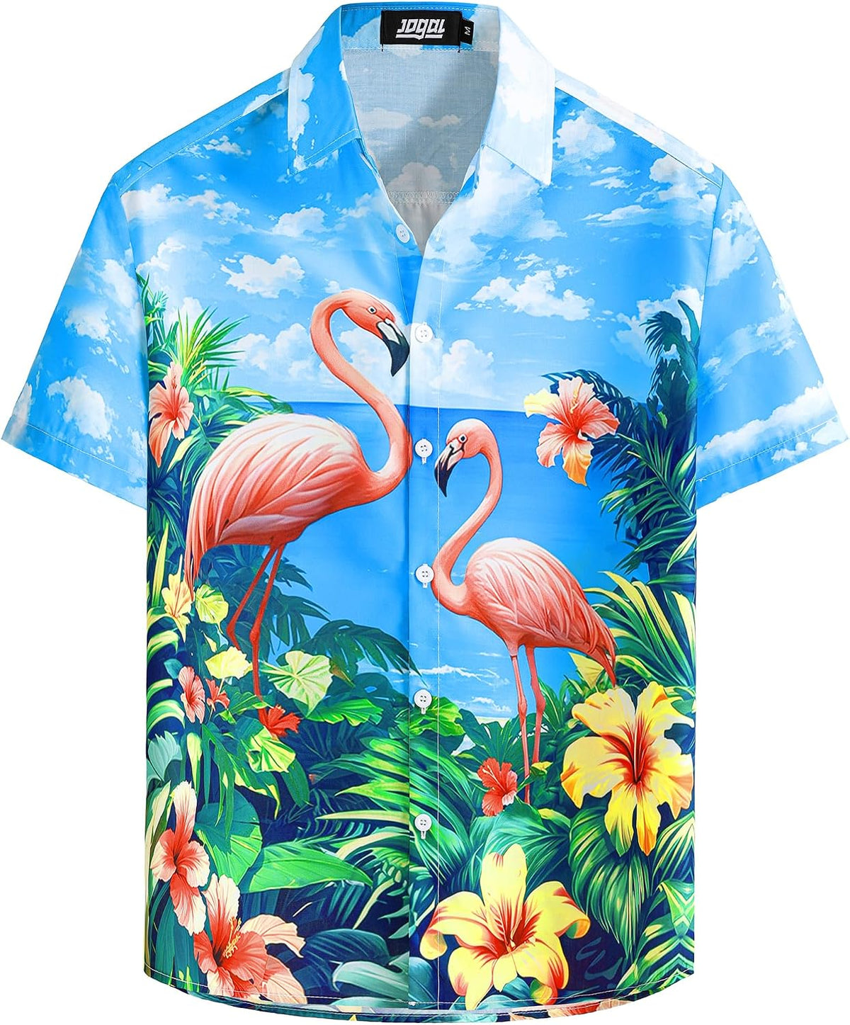JOGAL A571 men's Tropical 3D Print Hawaiian Short-Sleeve Button-Down Shirt in Blue Pink, front view