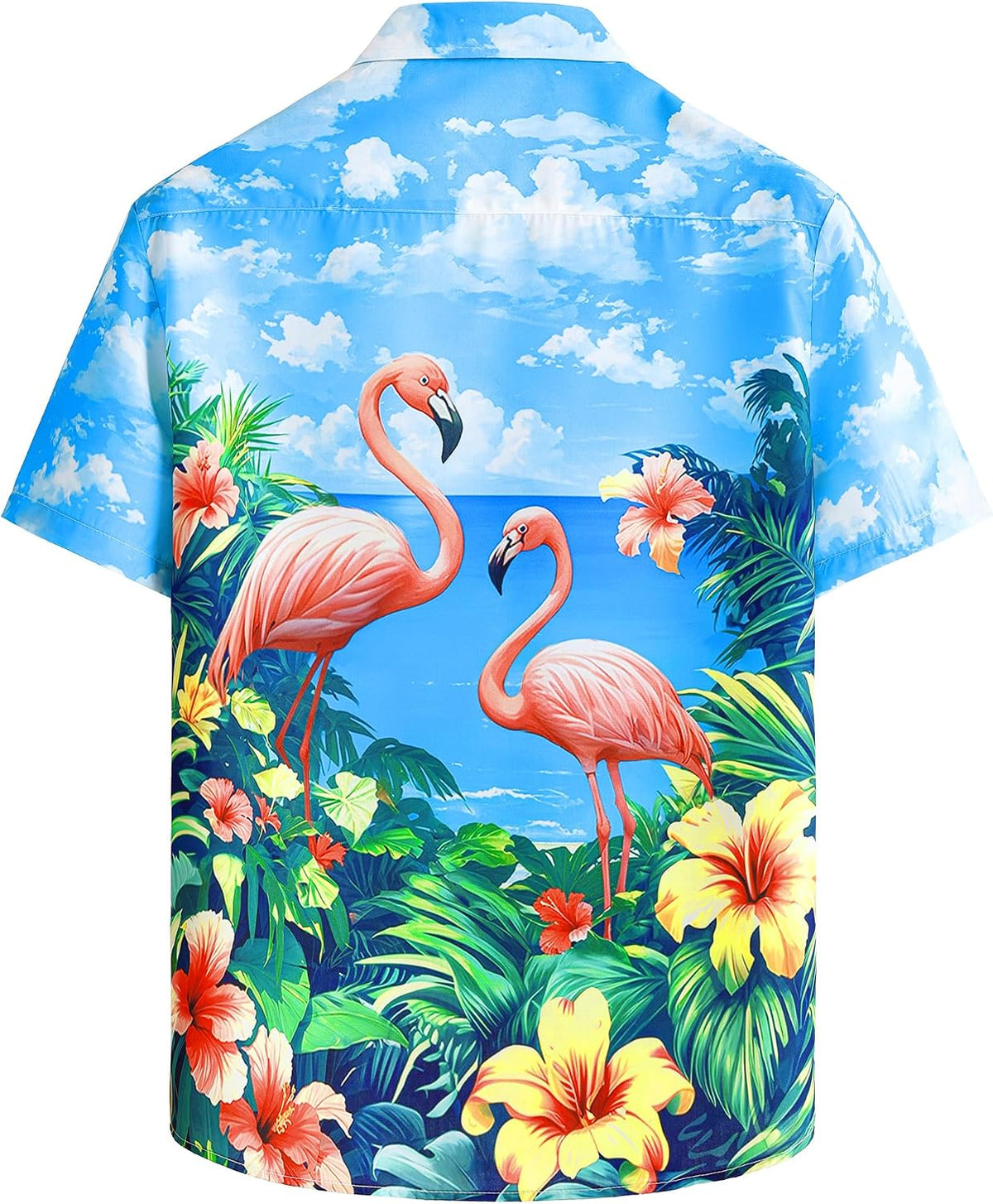 JOGAL A571 men's Tropical 3D Print Hawaiian Short-Sleeve Button-Down Shirt in Blue Pink, back view