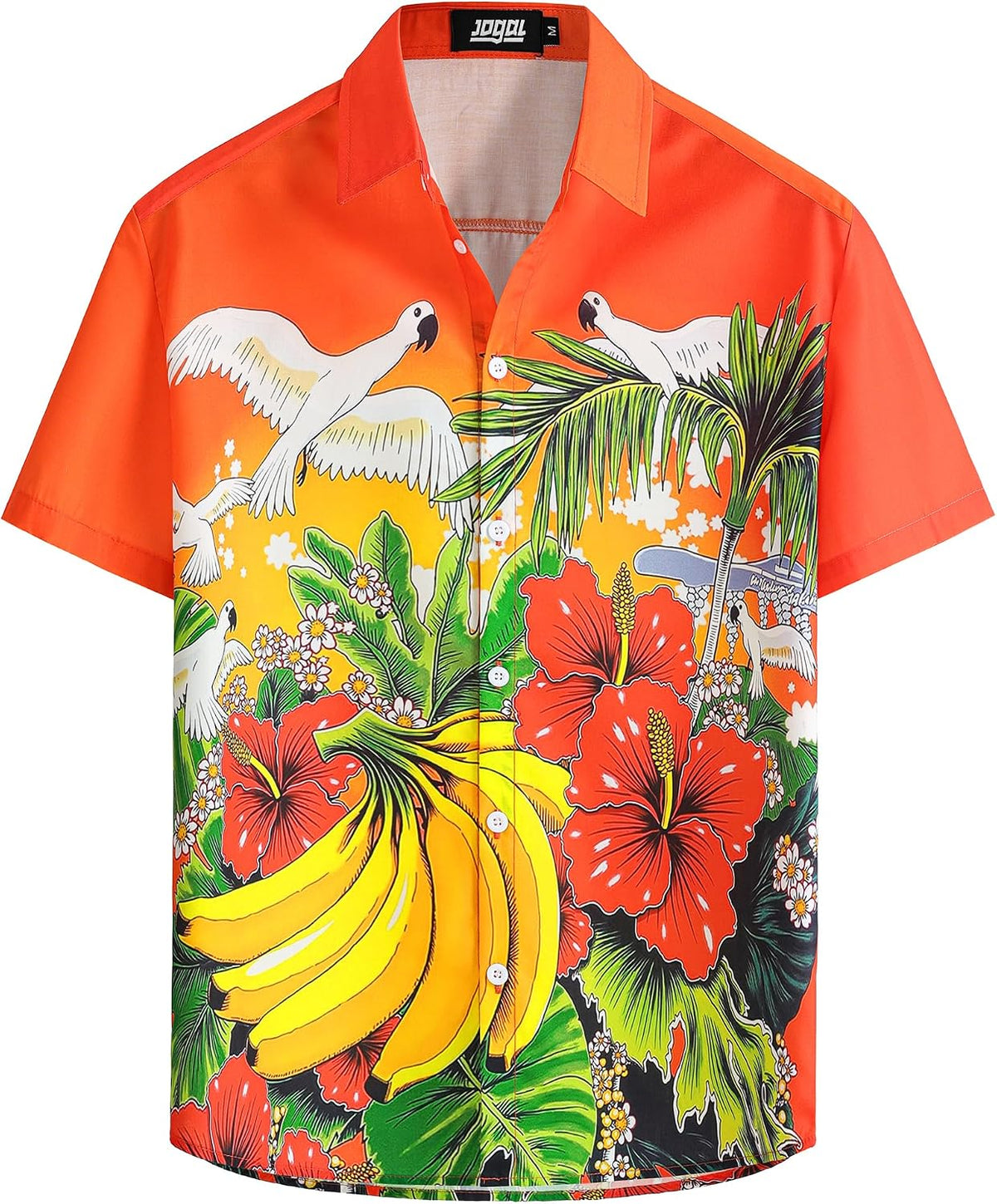 JOGAL A571 men's Tropical 3D Print Hawaiian Short-Sleeve Button-Down Shirt in Orange, front view
