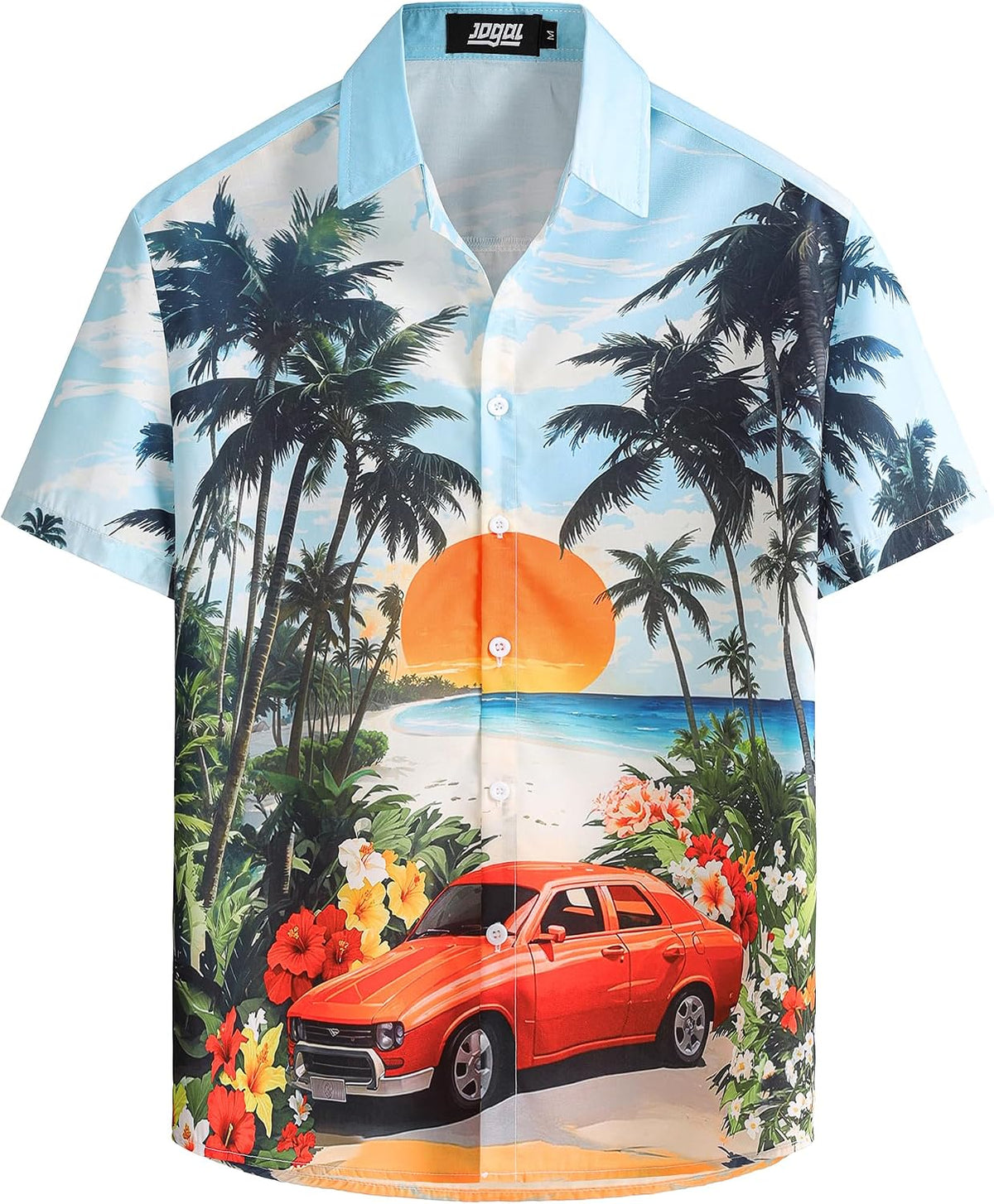 JOGAL A571 men's Tropical 3D Print Hawaiian Short-Sleeve Button-Down Shirt in Red Green, front view