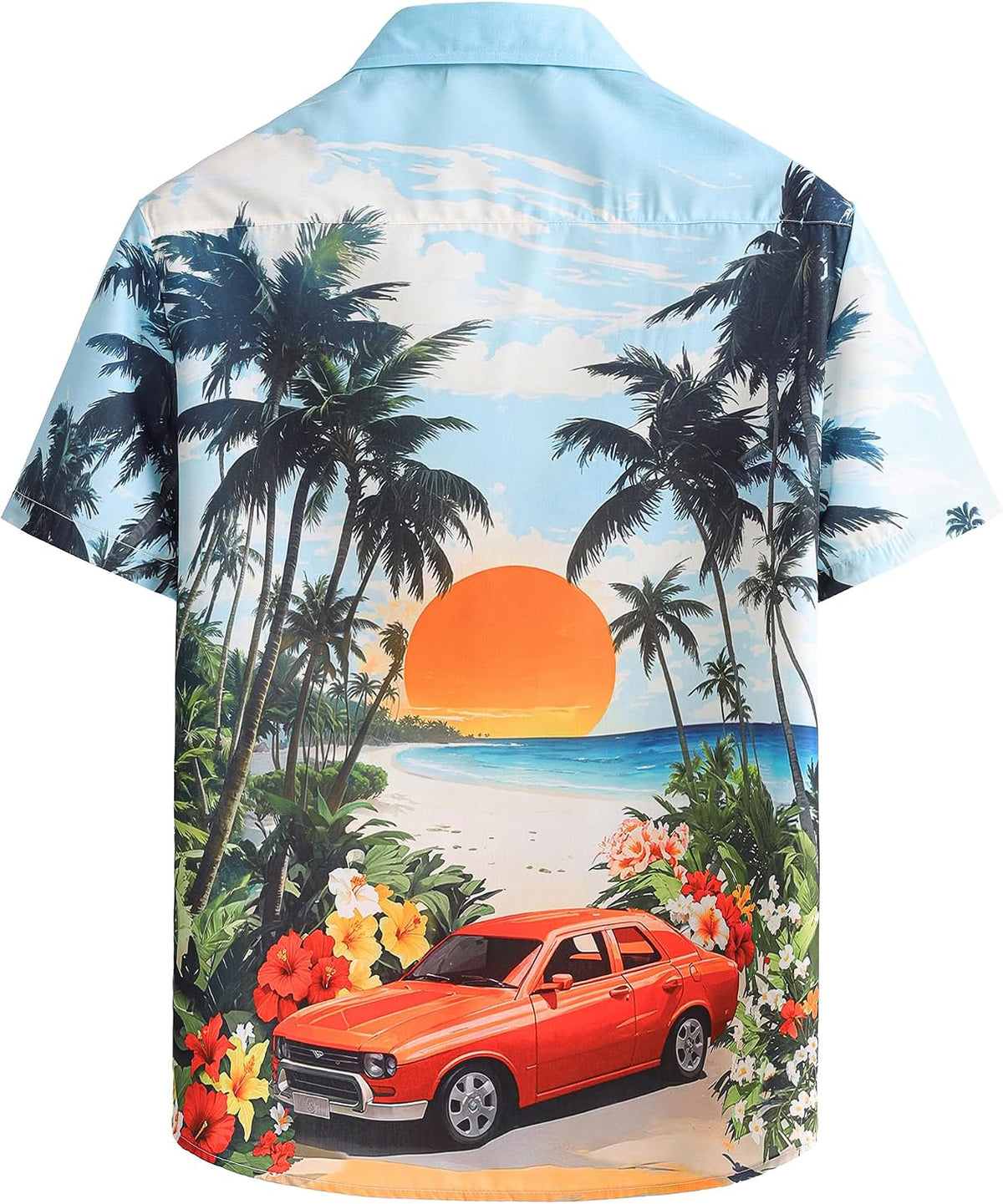 JOGAL A571 men's Tropical 3D Print Hawaiian Short-Sleeve Button-Down Shirt in Red Green, back view