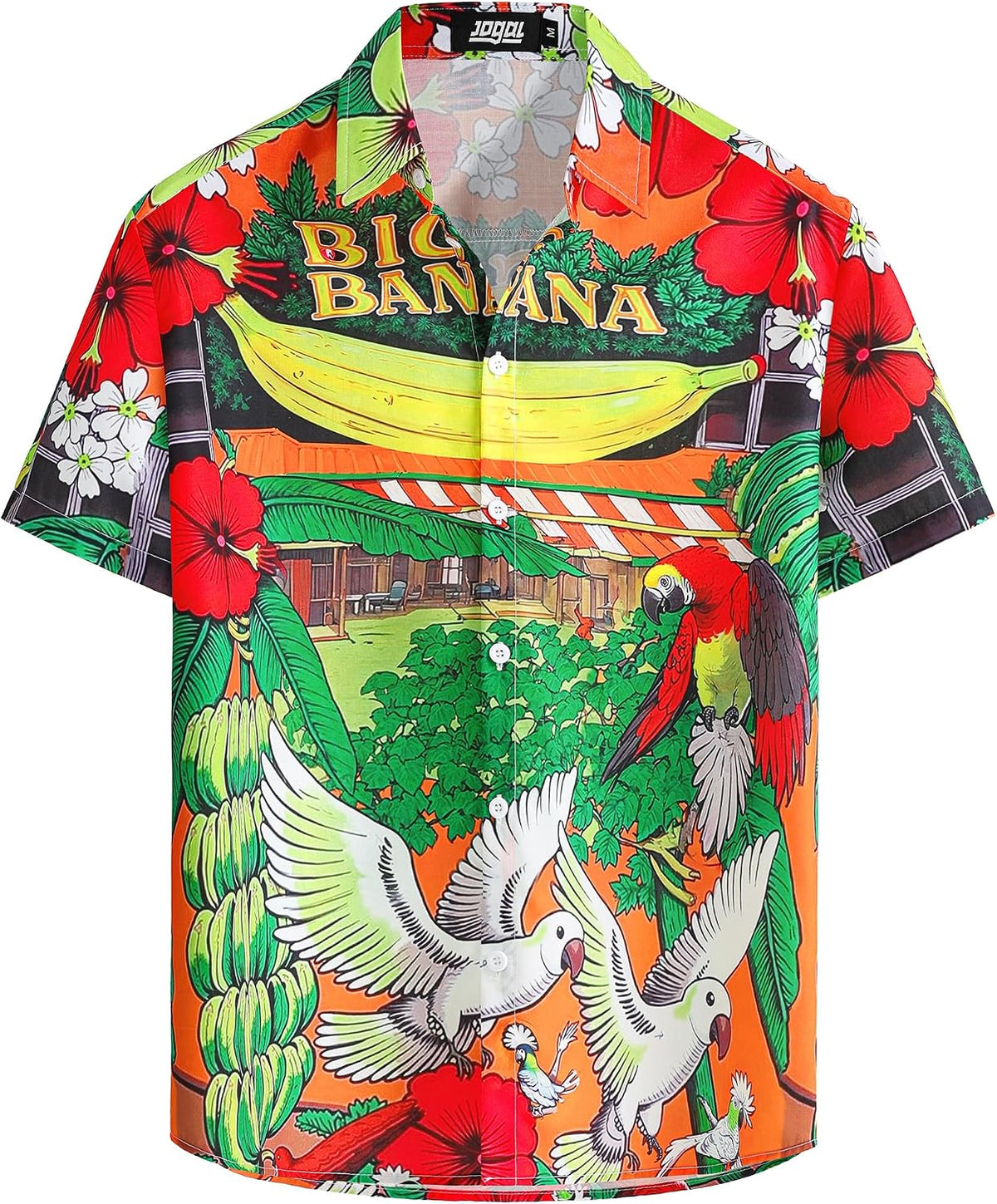 JOGAL A571 men's Tropical 3D Print Hawaiian Short-Sleeve Button-Down Shirt in Red Yellow, front view