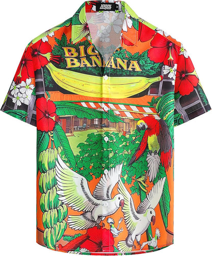 JOGAL A571 men's Tropical 3D Print Hawaiian Short-Sleeve Button-Down Shirt in Red Yellow, front view