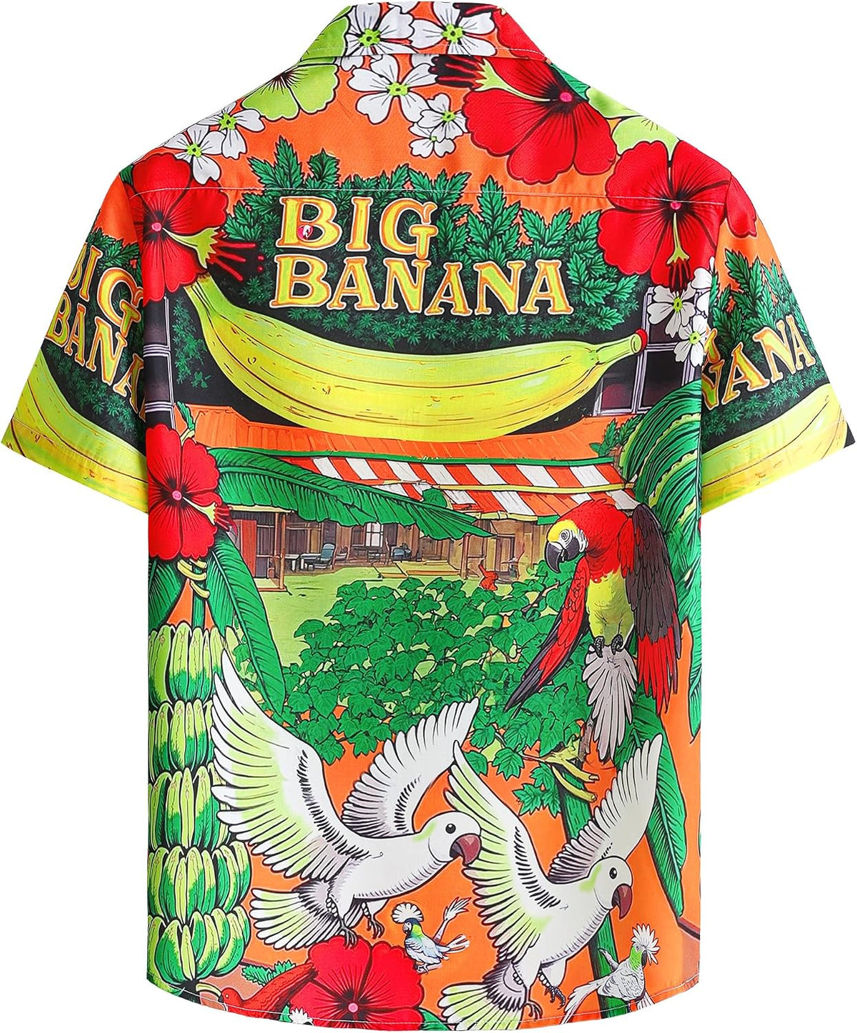 JOGAL A571 men's Tropical 3D Print Hawaiian Short-Sleeve Button-Down Shirt in Red Yellow, back view