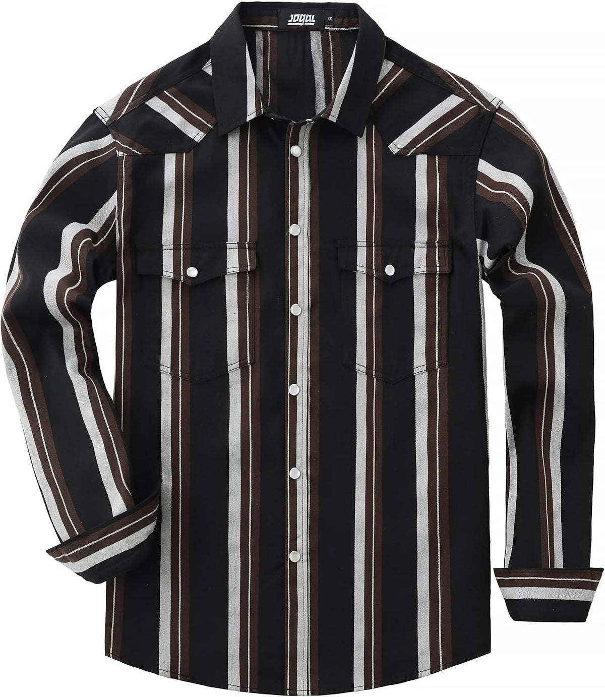 JOGAL A575 Men's Western Striped Long-Sleeve Pearl-Snap Shirt - Black Brown Beige - front