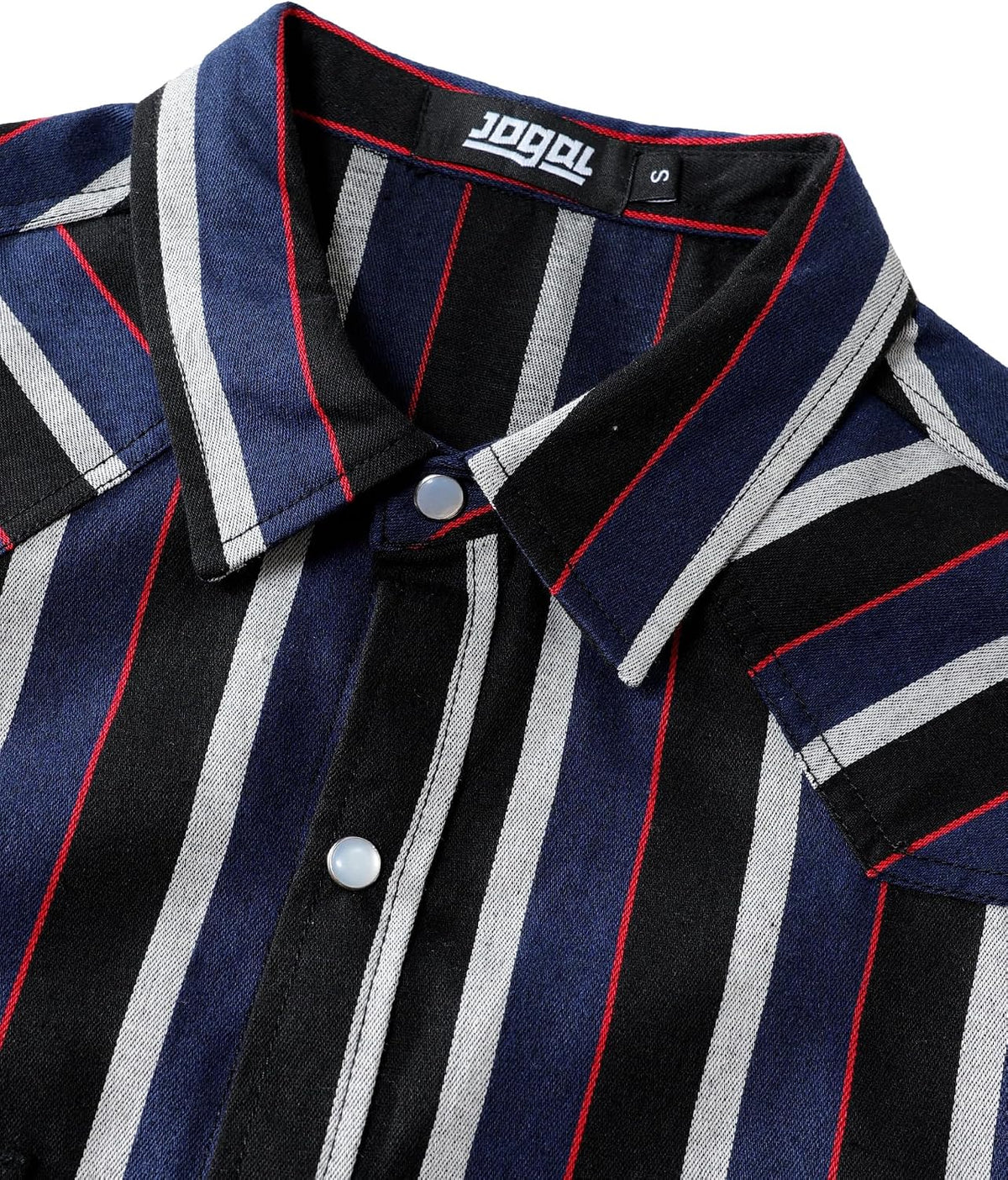 JOGAL A575 Men's Western Striped Long-Sleeve Pearl-Snap Shirt - Blue Black - collar detail