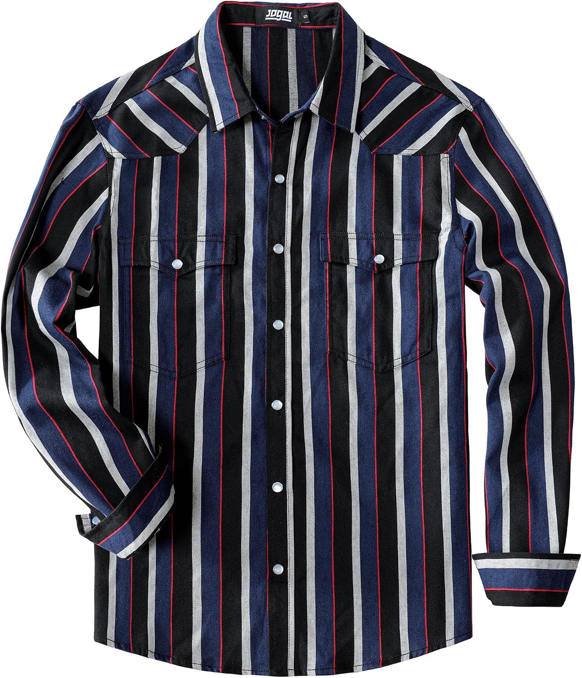 JOGAL A575 Men's Western Striped Long-Sleeve Pearl-Snap Shirt - Blue Black - front