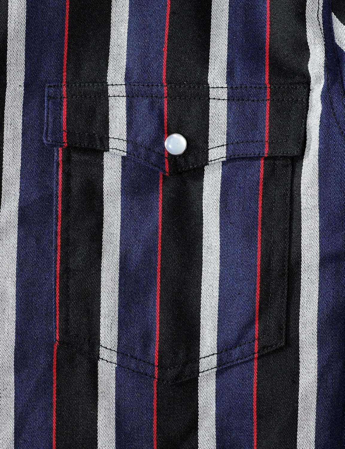 JOGAL A575 Men's Western Striped Long-Sleeve Pearl-Snap Shirt - Blue Black - pearl snap chest pocket detail
