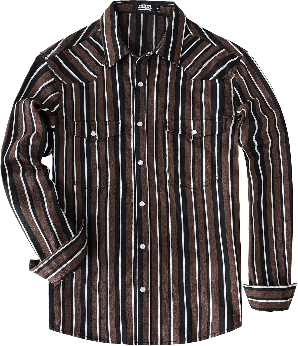 JOGAL A575 Men's Western Striped Long-Sleeve Pearl-Snap Shirt - Brown Black - front