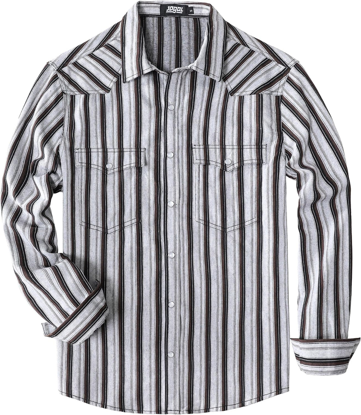 JOGAL A575 Men's Western Striped Long-Sleeve Pearl-Snap Shirt - Brown White - front