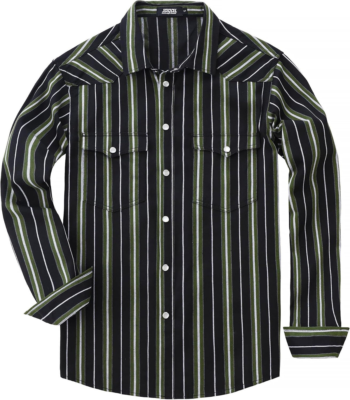JOGAL A575 Men's Western Striped Long-Sleeve Pearl-Snap Shirt - Denim Army Green - front