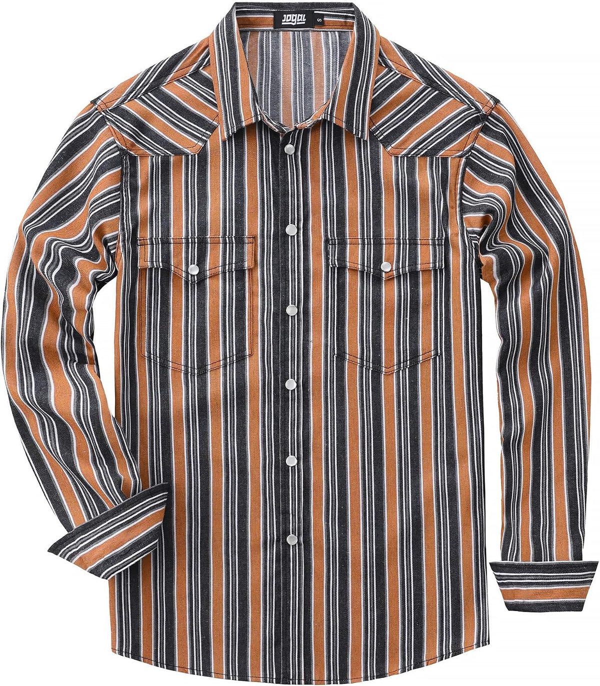 JOGAL A575 Men's Western Striped Long-Sleeve Pearl-Snap Shirt - Denim Black Orange - front