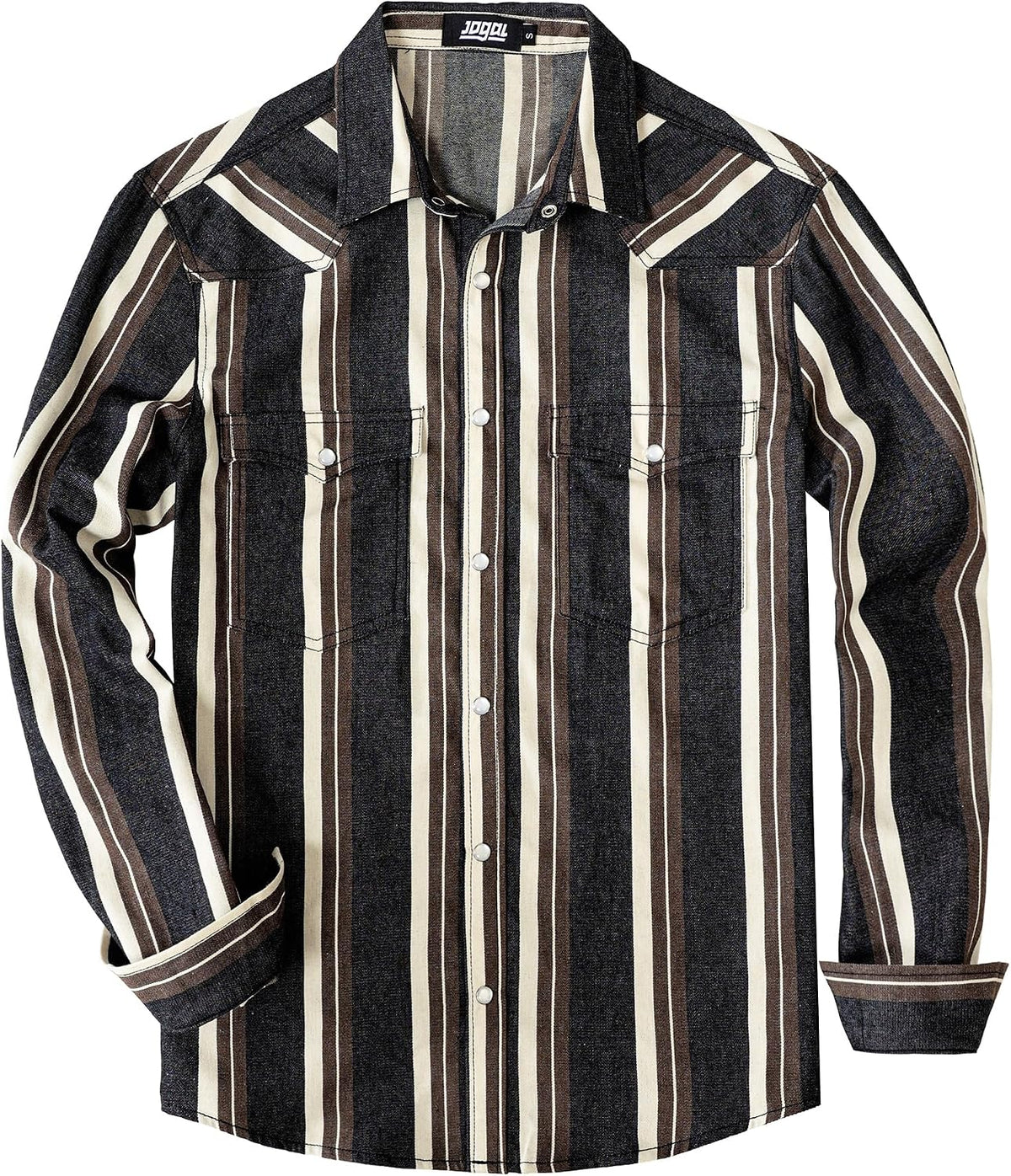 JOGAL A575 Men's Western Striped Long-Sleeve Pearl-Snap Shirt - Denim Brown Black - front