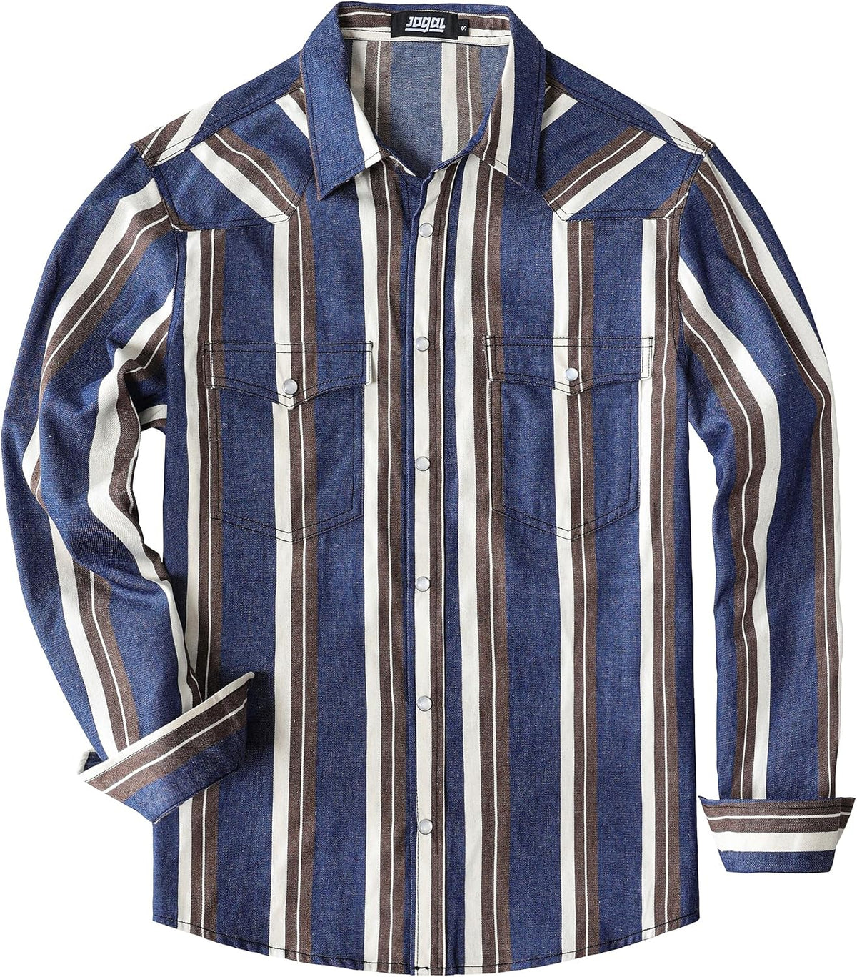 JOGAL A575 Men's Western Striped Long-Sleeve Pearl-Snap Shirt - Denim Brown White - front