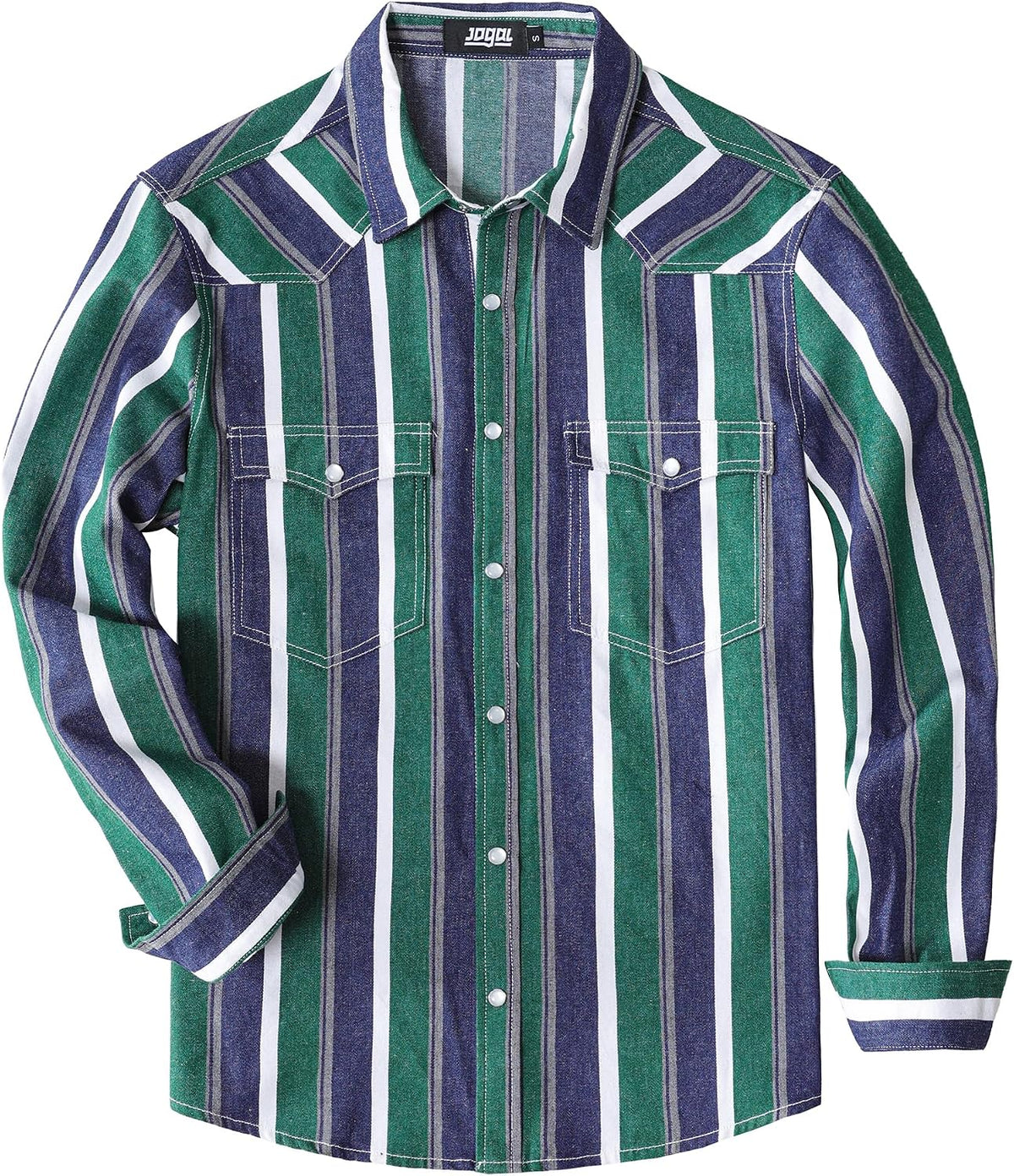 JOGAL A575 Men's Western Striped Long-Sleeve Pearl-Snap Shirt - Green White - front