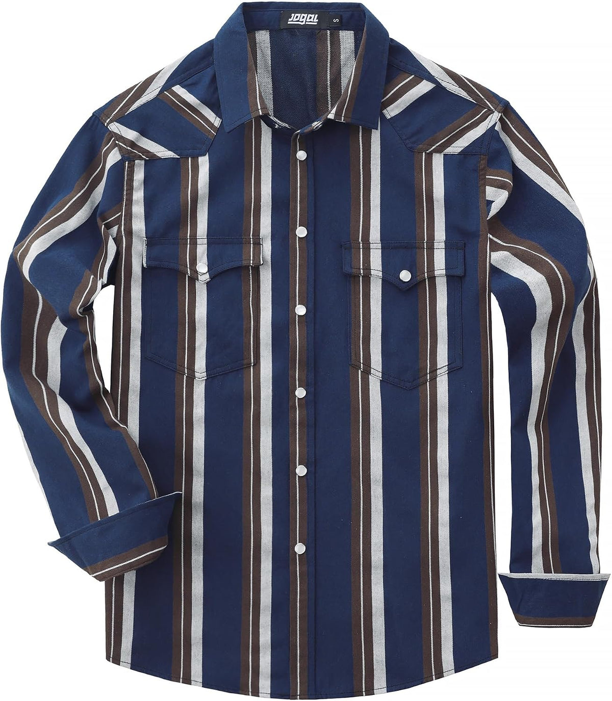 JOGAL A575 Men's Western Striped Long-Sleeve Pearl-Snap Shirt - Navy Brown Beige - front